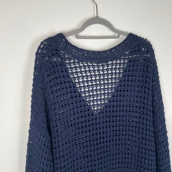 VINCE Crochet Cardigan Sweater Womens 3X Navy Blue Organic Cotton Button Front - Picture 15 of 16